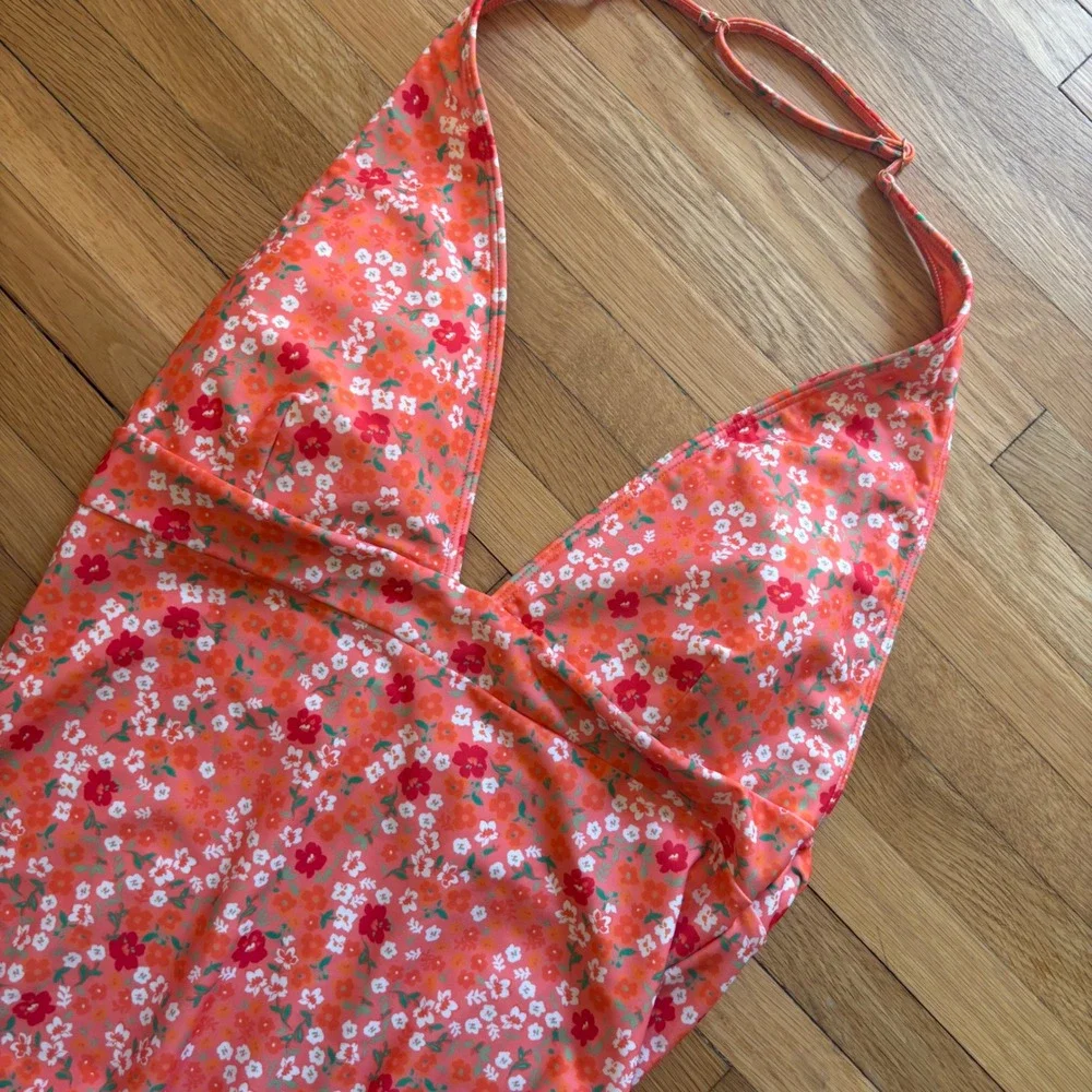 Summersalt Deep V Halter One Piece Swimsuit Womens 12 Floral Orange NWT Poolside